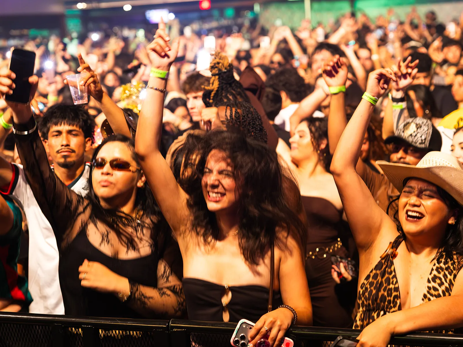 Festival crowd with hands raised · amber light
